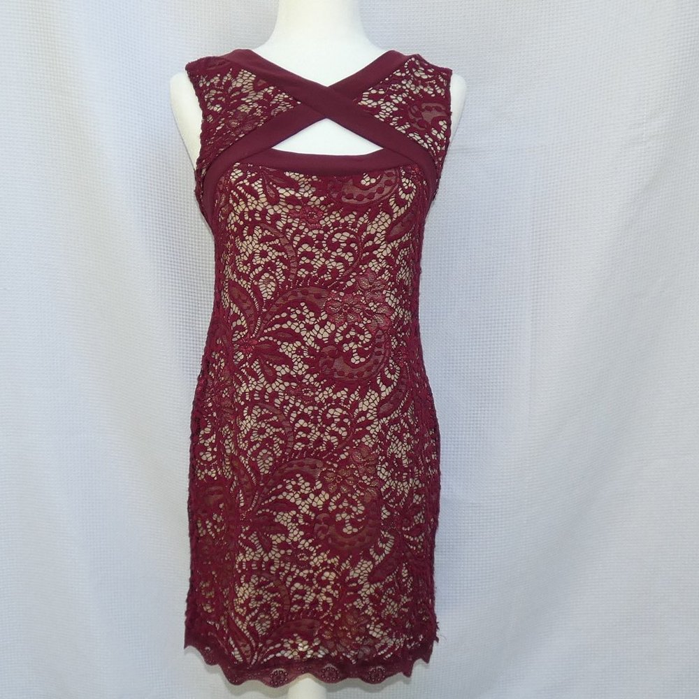Love Fast Live Hard Lined Maroon Lace Sleeveless Mini Dress with Keyhole Bodice
